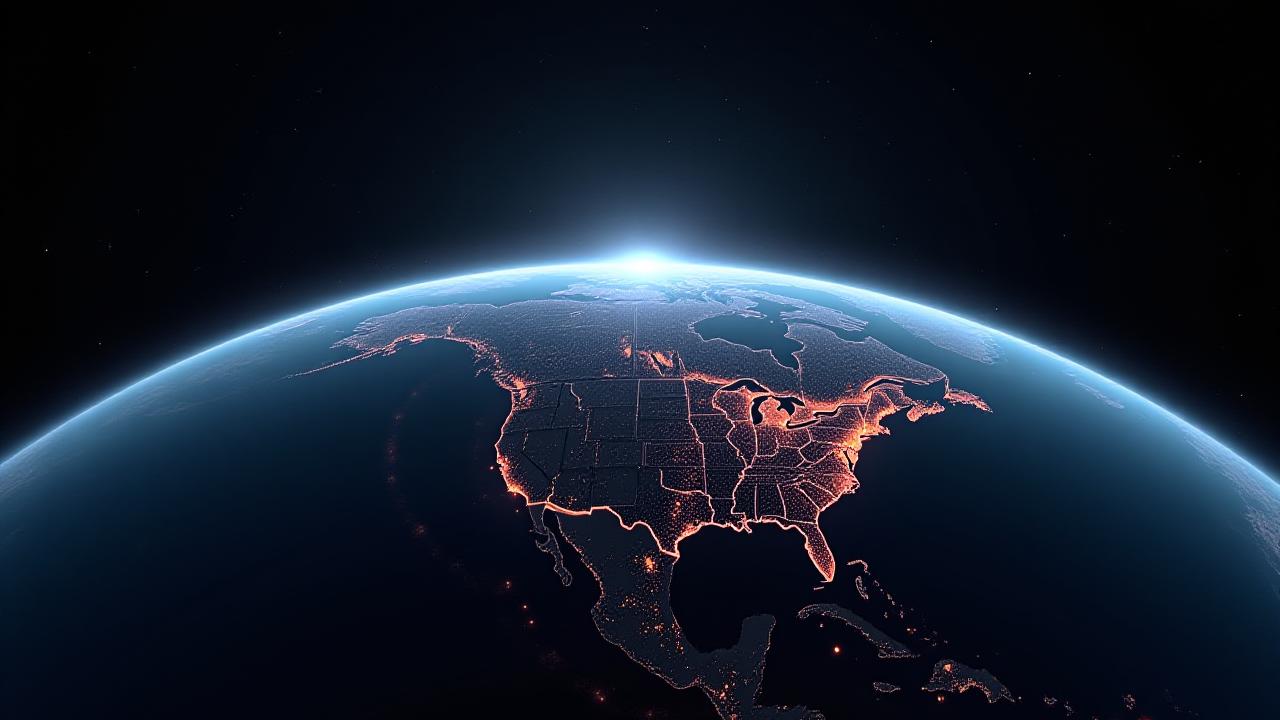 Abstract visualization of interconnected global weather patterns and data nodes