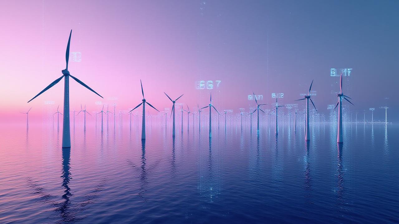 Panoramic view of offshore wind turbines and solar arrays integrated with a digital monitoring interface